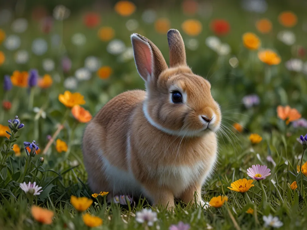 En nyfiken dvärgkanin i en blomsteräng